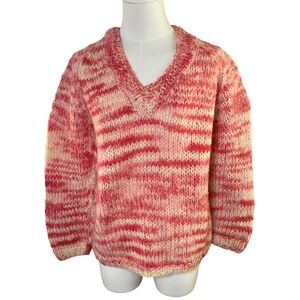 Vintage Hand Knit Wool Mohair Sweater Striped V-Neck Glasgo Italy Womens M